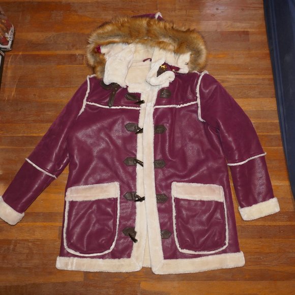 MENS 2XL Jordan Craig Denali Shearling Burgundy Fisherman PIMP FUR Coat Jacket - Picture 2 of 13